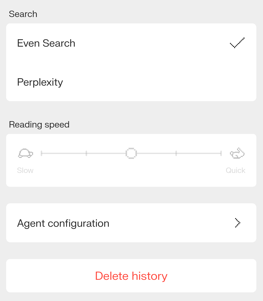 The Even app: Settings, Even AI, with Agent configuration
