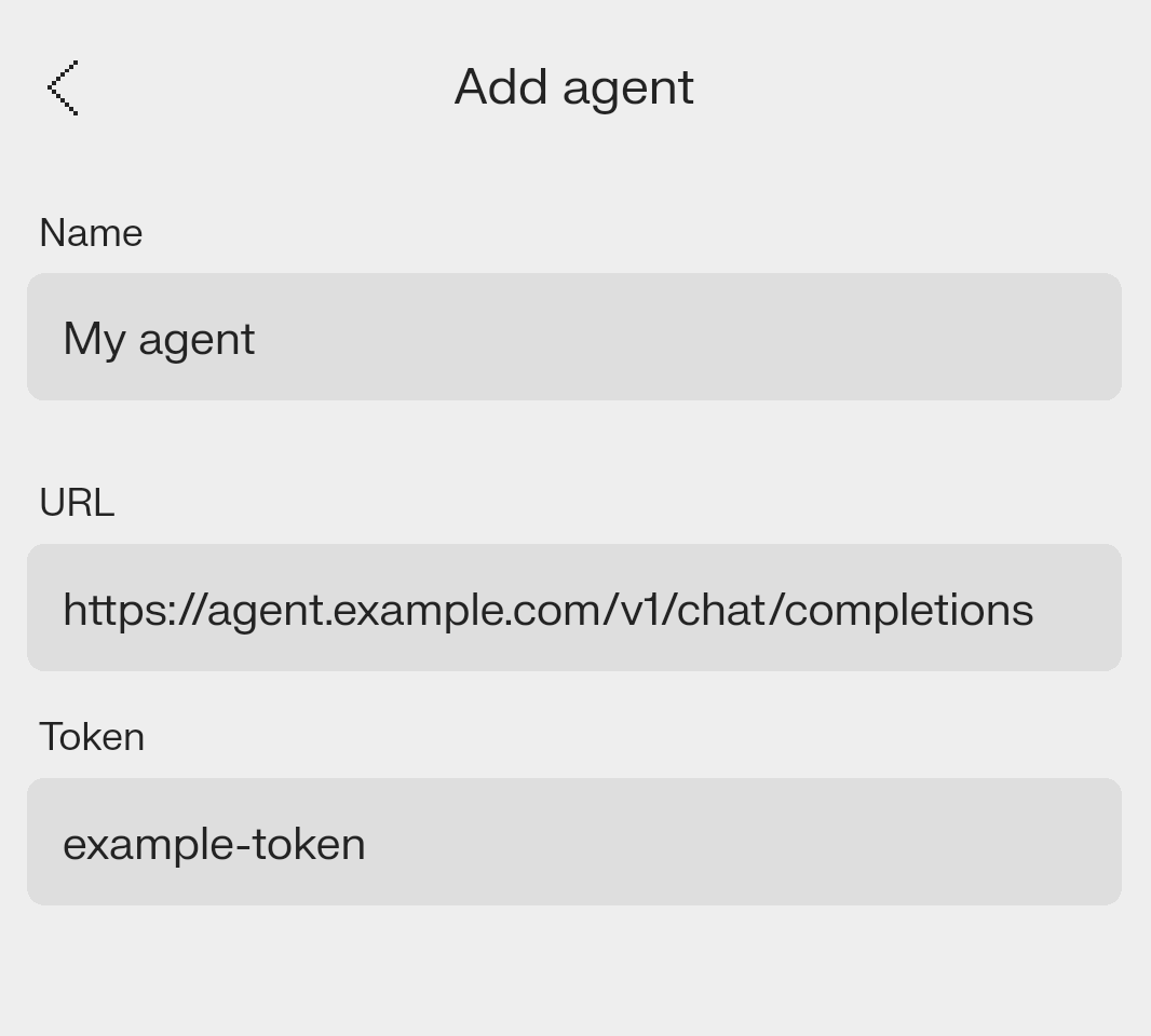The Add agent form with a name, URL and token