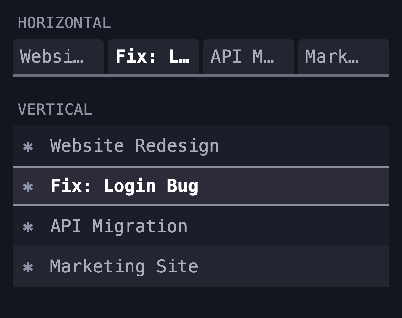Top: a horizontal row of ten tabs, most titles truncated to ellipses. Bottom: the same ten tabs as a vertical list, every title fully readable.