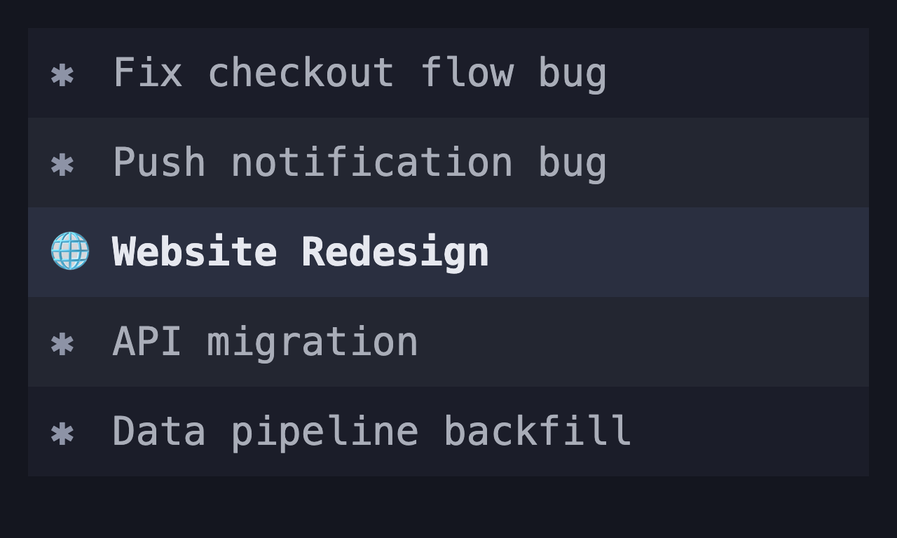 A section of the tab sidebar showing an emoji-labeled project-header row sitting between two normal work tabs, with no keyboard shortcut of its own.
