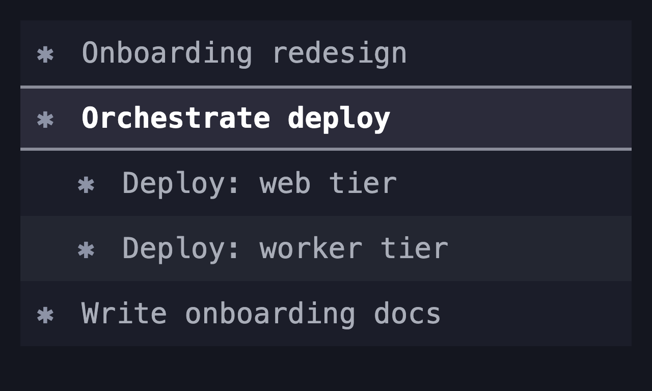 A sidebar showing a parent task row, immediately followed by two newly-spawned session rows indented beneath it.