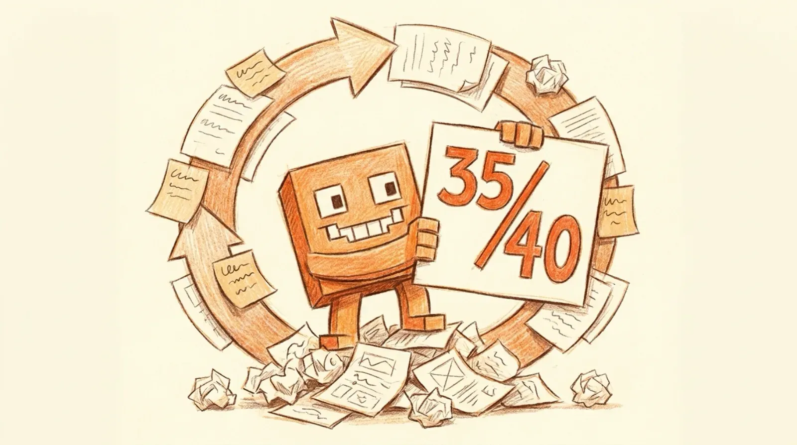 The orange Clawd mascot holds up a 35/40 scorecard inside a looping arrow of drafts, standing on a pile of rejected ones