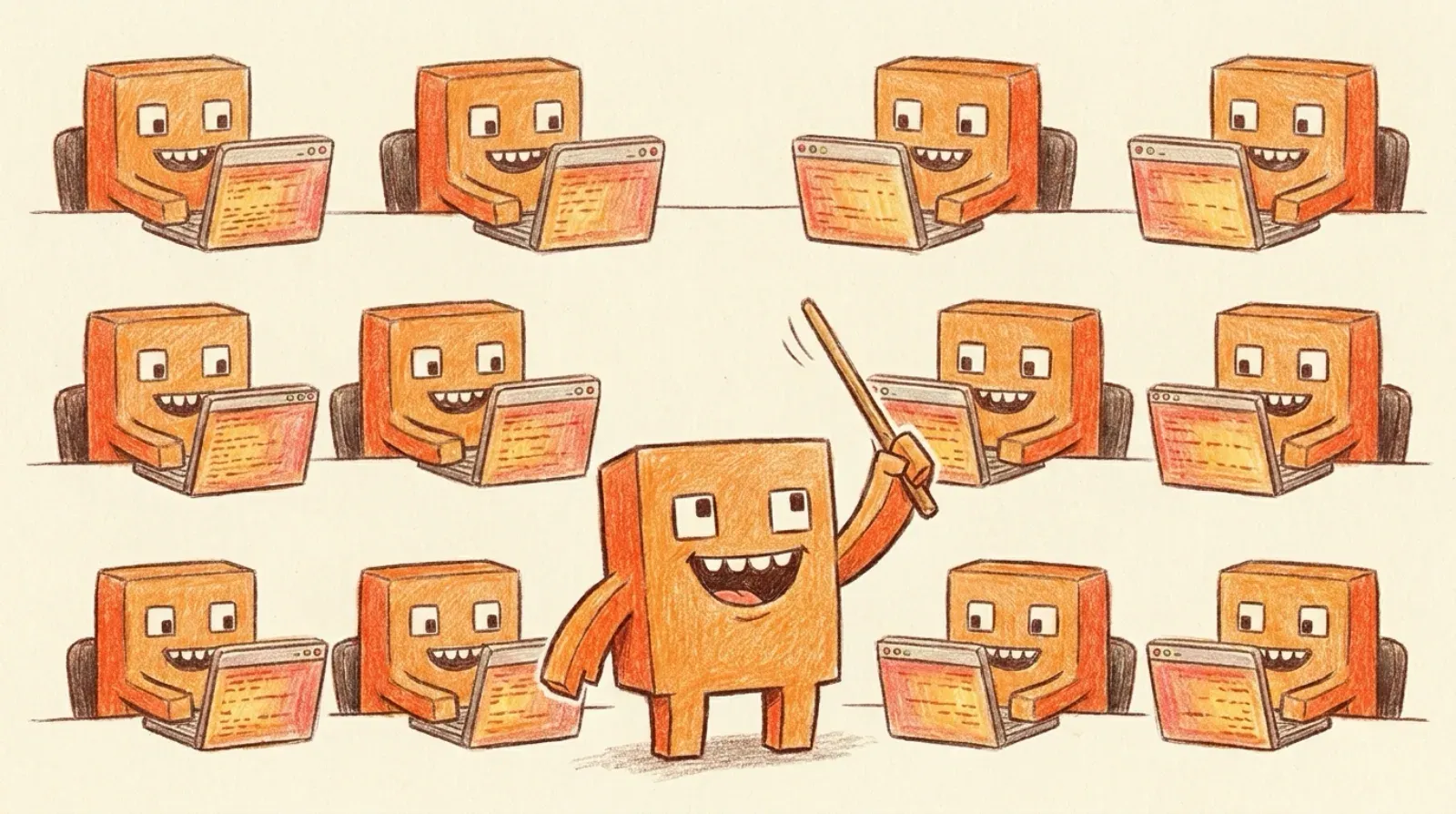 A dozen orange pixel-block Clawd agents, each at its own terminal window in a tidy grid, while one conducts with a baton