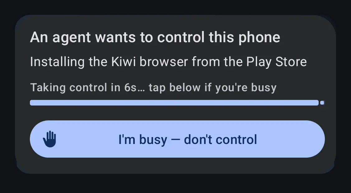 Real recording from the phone: an agent asks to take control with a countdown and an I'm busy button, then shows Pause, Talk and Cancel