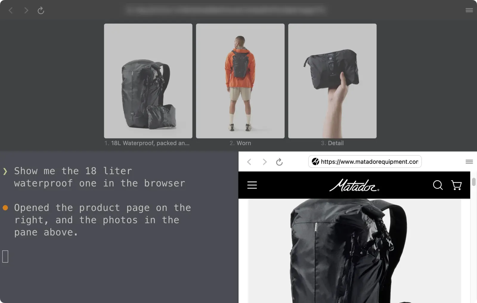The terminal: the conversation bottom left, product photos in a media pane on top, and the product page in a browser pane on the right
