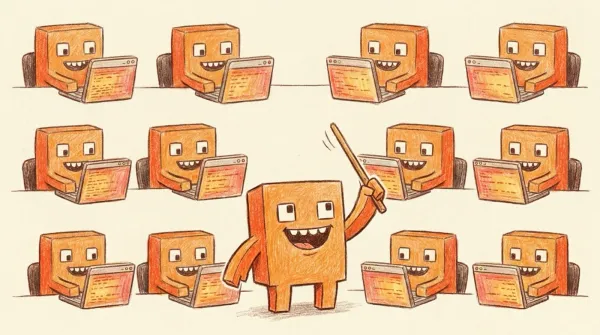 A dozen orange pixel-block Clawd agents, each at its own terminal window in a tidy grid, while one conducts with a baton